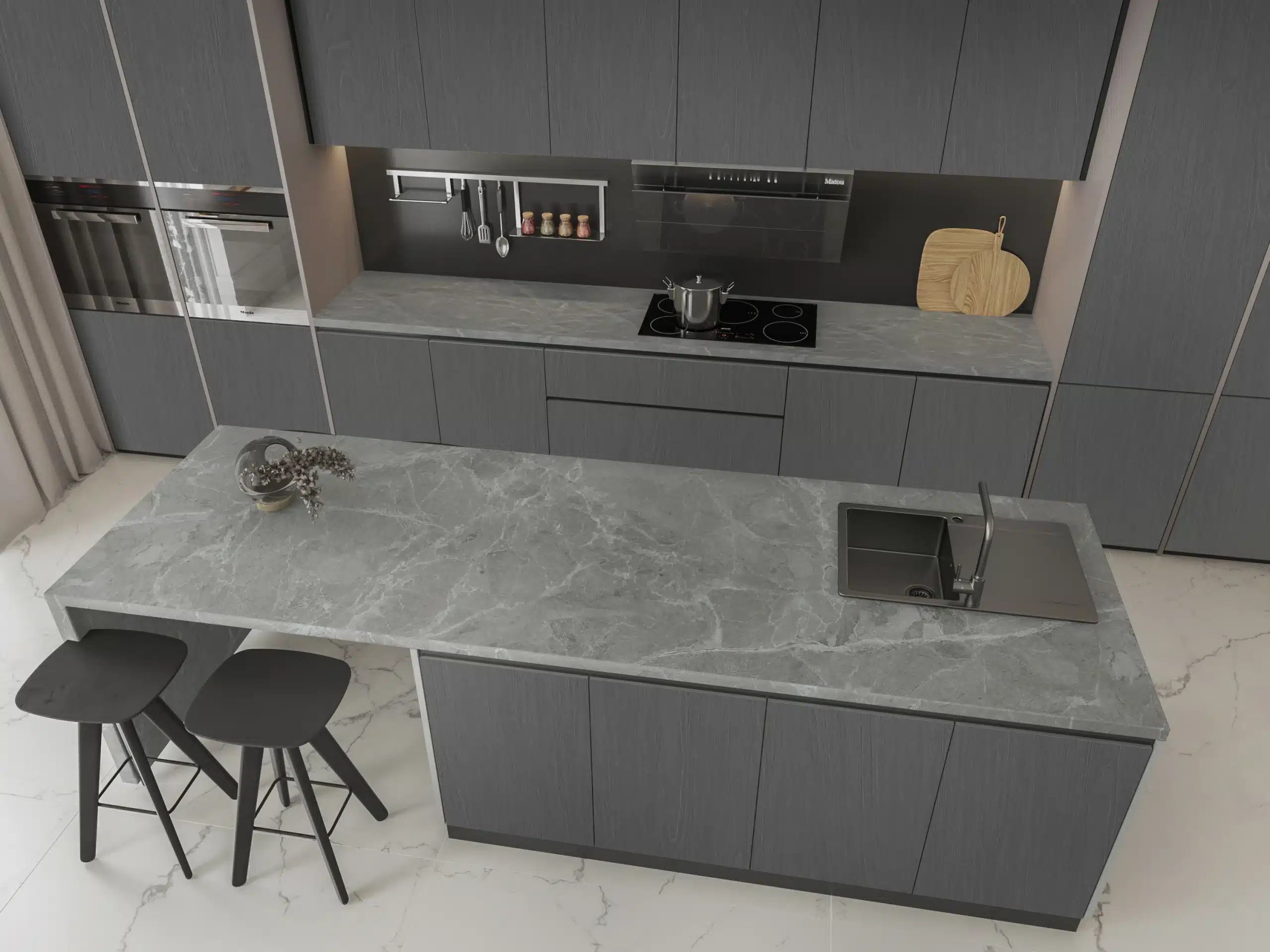 muestra de piedra sinterizada gris cemento para cocinas en Quito