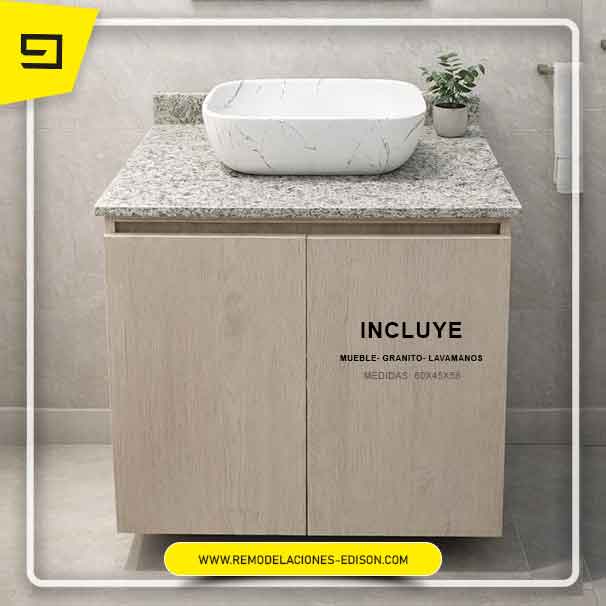 Mueble de baño color madera con granito blanco cristal en Quito