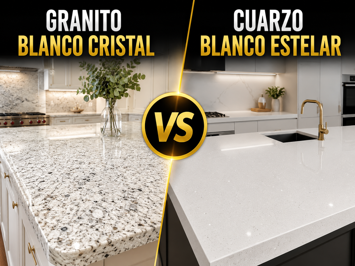 Comparación entre granito Blanco Cristal y cuarzo Blanco Estelar para mesones de cocina en Quito por Remodelaciones Edison